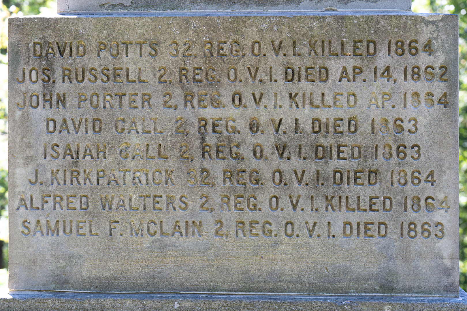 Etched sandstone that supports the Mooretown Soldiers Monument marked with the names of those the monument is dedicated to.