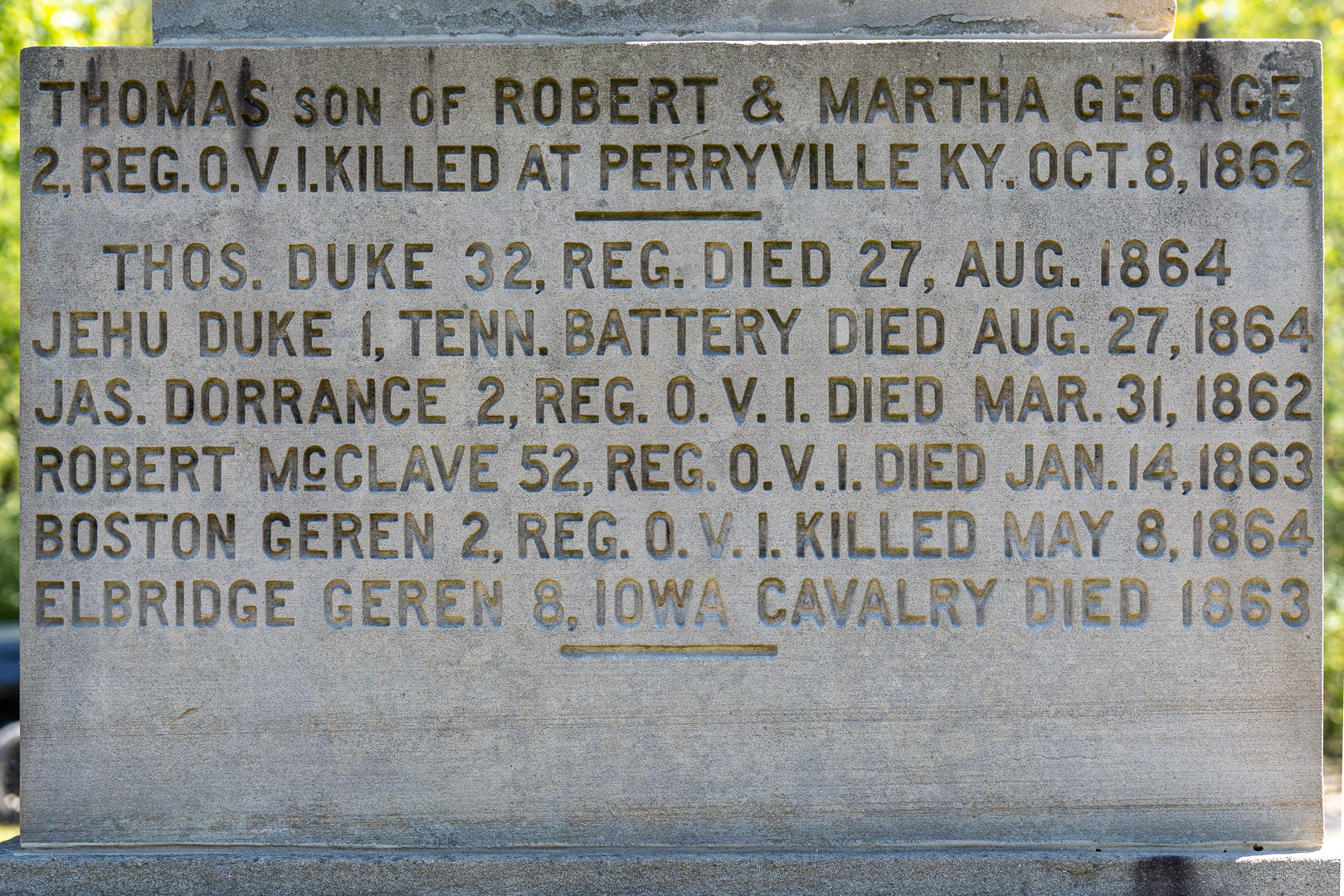 Etched sandstone that supports the Mooretown Soldiers Monument marked with the names of those the monument is dedicated to.
