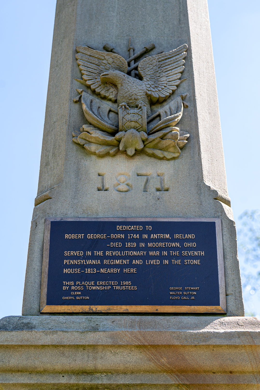 This Plaque erected 1985 by Ross Township Trustees
