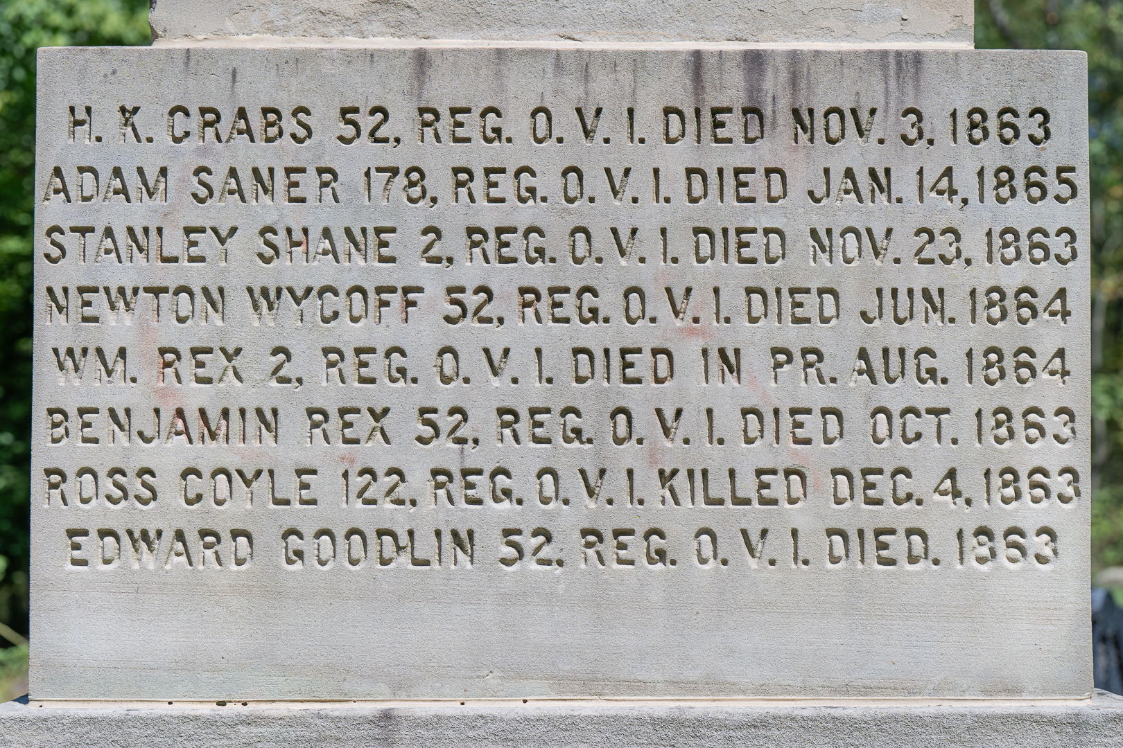 Etched sandstone that supports the Mooretown Soldiers Monument marked with the names of those the monument is dedicated to.