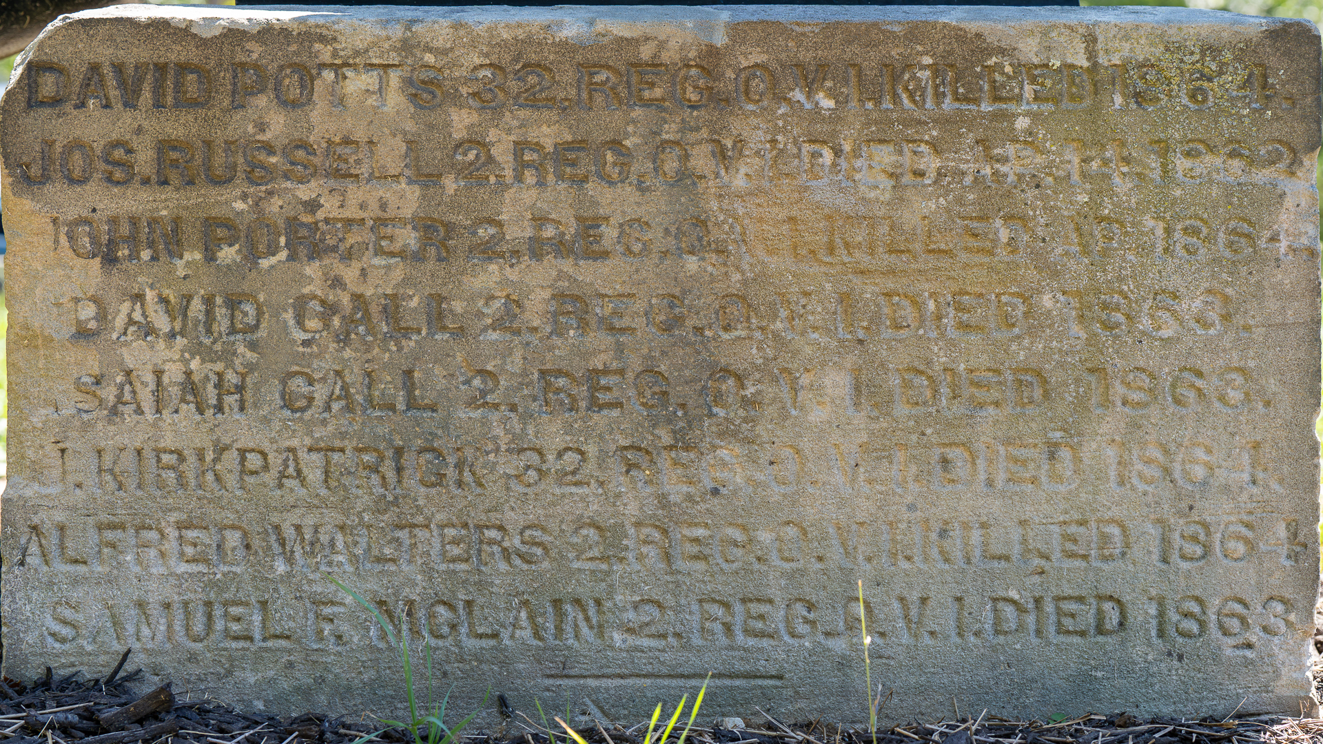 Etched sandstone that supports the cannon marked with the names of those the yellow creek monument is dedicated to.