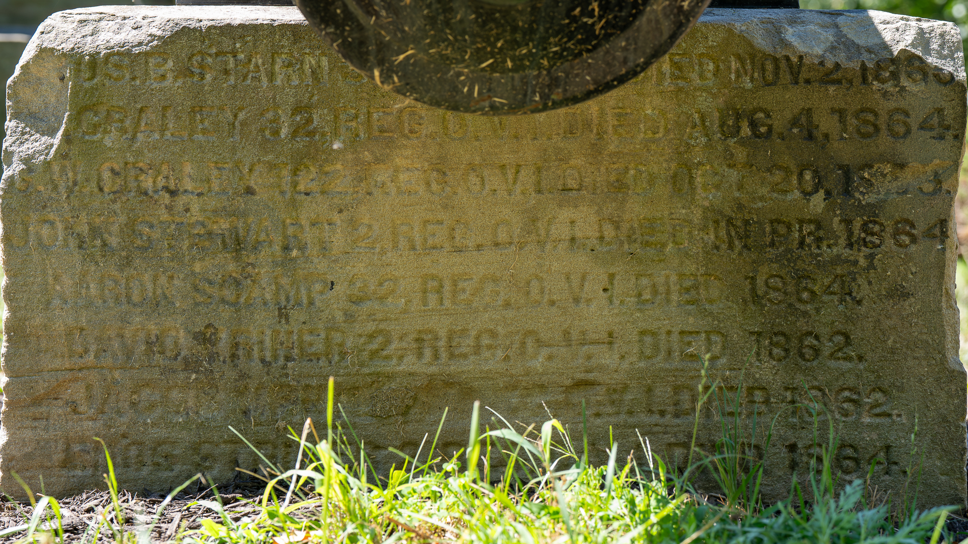 Etched sandstone that supports the cannon marked with the names of those the yellow creek monument is dedicated to.
