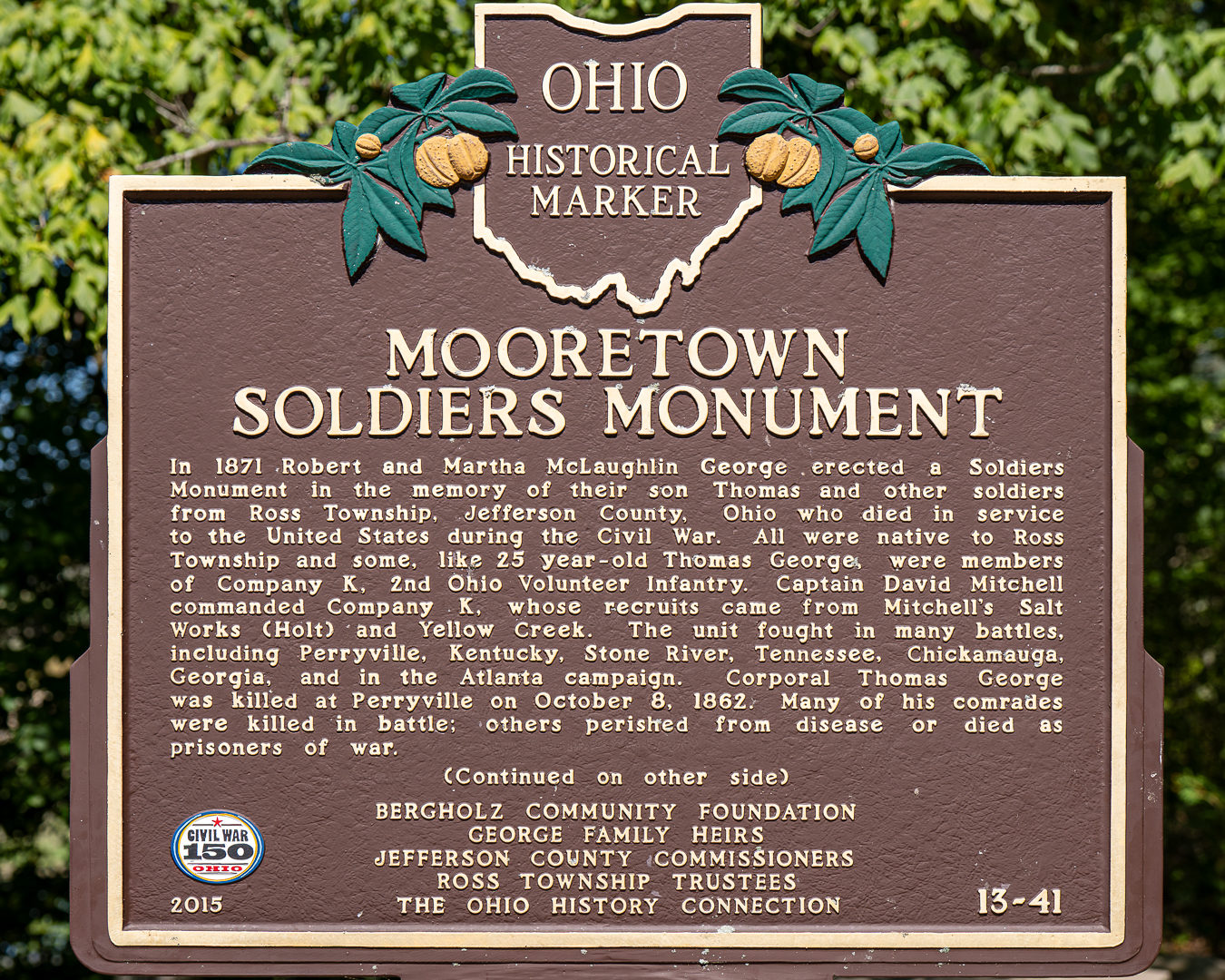 A plaque historical marker dedication of the Mooretown Soldiers Monument.  In memory of Thomas George and other soldiers from Ross Township, Jefferson County, Ohio.